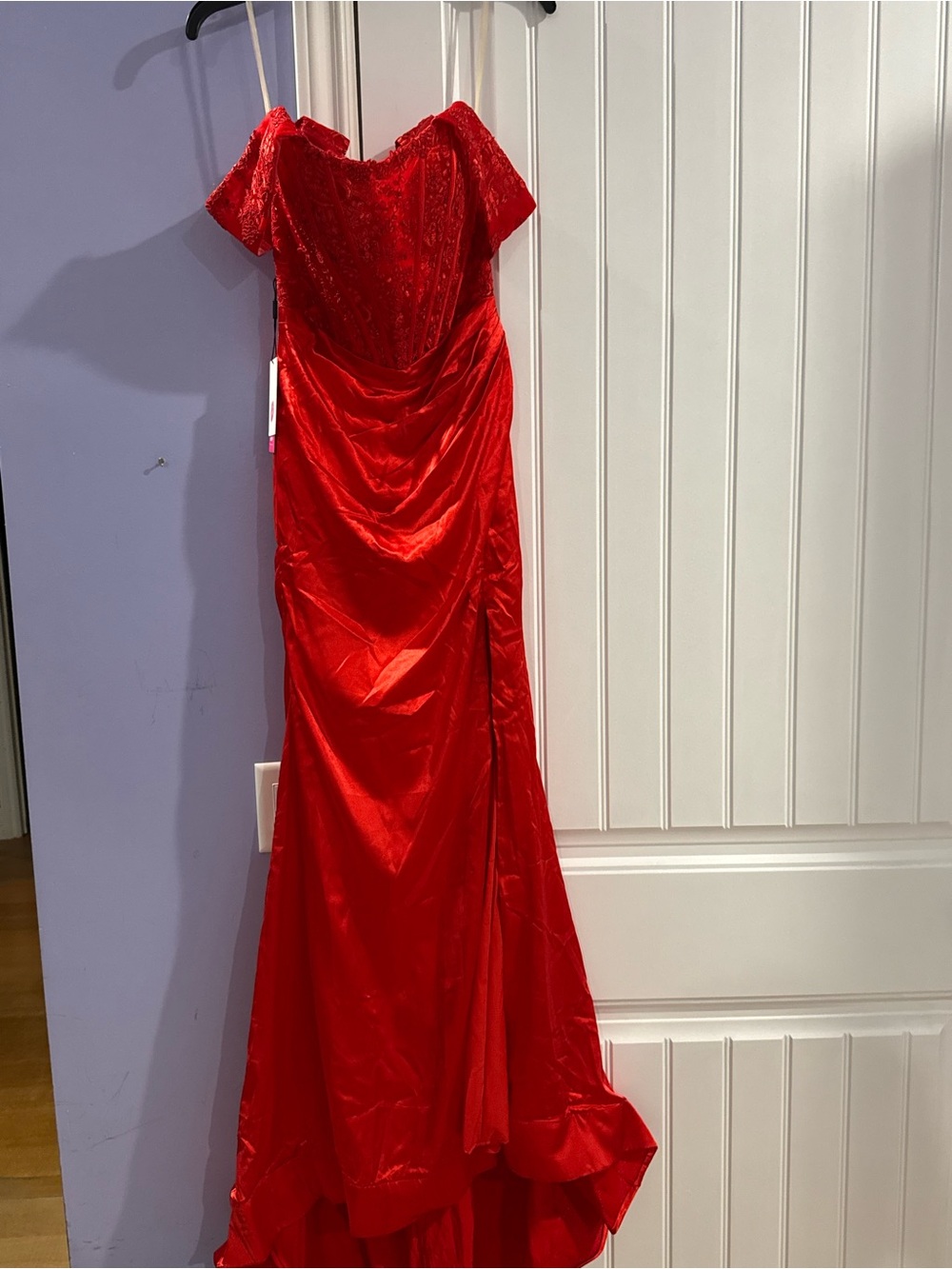 Scarlet Off-Shoulder Prom Gown with Draped Satin Skirt